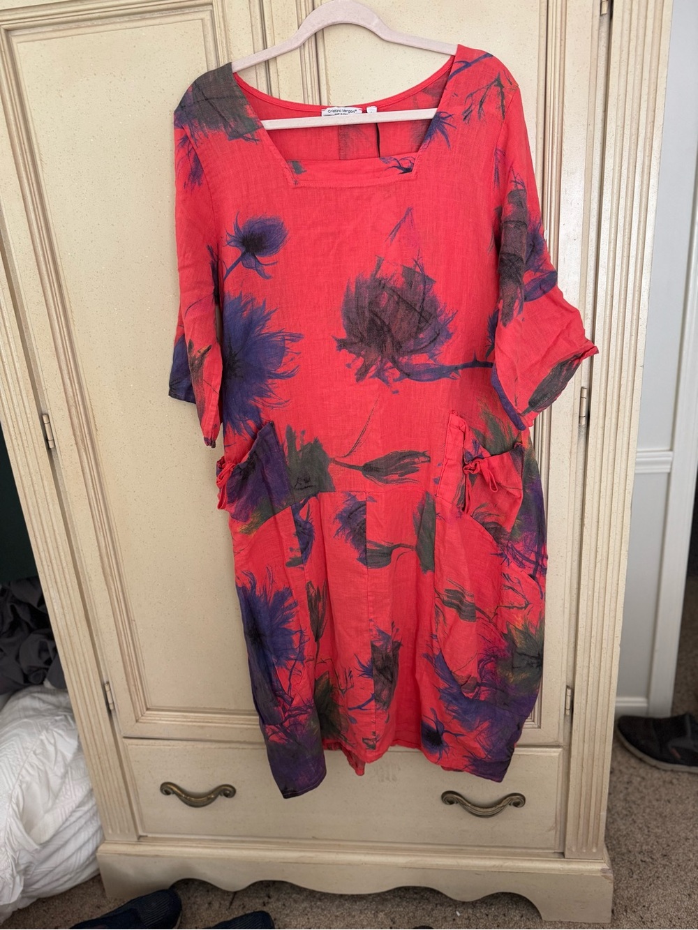 Coral Red Floral Linen Shift Dress